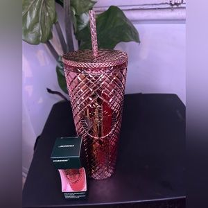 NEWStarbucks 2023 Rose Gold Jeweled Tumbler 24oz with Matching Keychain/Ornament
